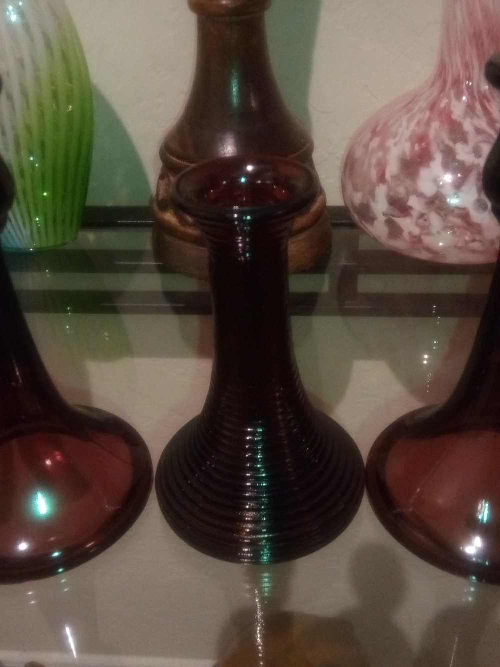 Vintage Amethyst Ribbed & a Set Of MCM- Tapered Shape Candle Sticks.